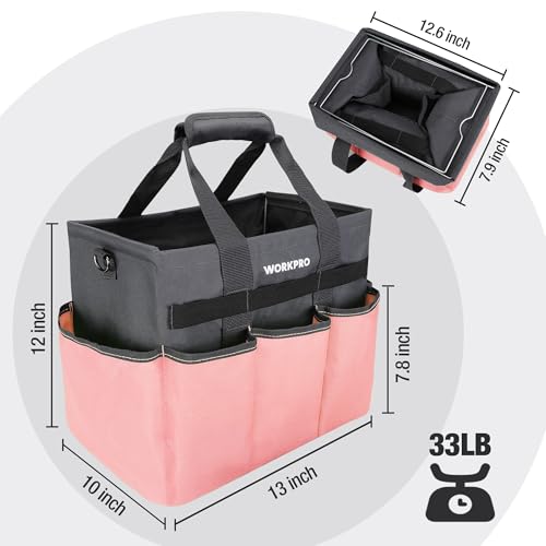 WORKPRO Garden Tool Bag, 10 Pockets and Shoulder Strap, Pink | Heavy Duty Gardening Organizer Tote Bag Standable Garden Home Tool Kits Organizer (Tools are not Included) - color: Pink