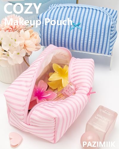 PAZIMIIK Cozy Makeup Bag for Women,Zipper Cosmetic Pouch,Stripe Cute Pink - color: Stripe Cute Pink