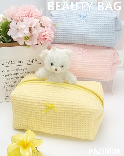 Cozy Makeup Bag for Women,Zipper Cosmetic Pouch,Waffle Yellow,2 Pack - color: Waffle Yellow