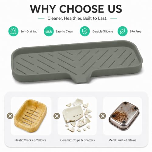 MicoYang Silicone Soap Dish with Drain Spout — Self-Draining Double Sink Organizer Tray for Kitchen & Bathroom, Dispensers, Sponges & Soap Holder, Non-Slip & Dishwasher Safe, Grey (Large, 12"×4") - color: Grey, size: L(12"×4")