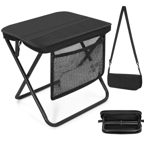 Portable Folding Camp Stool with Side Pocket, Lightweight Foldable Camping Stool for Adults, Backpacking Travel Fishing Stool Mini Chair, Compact Folding Seat with Storage Bag