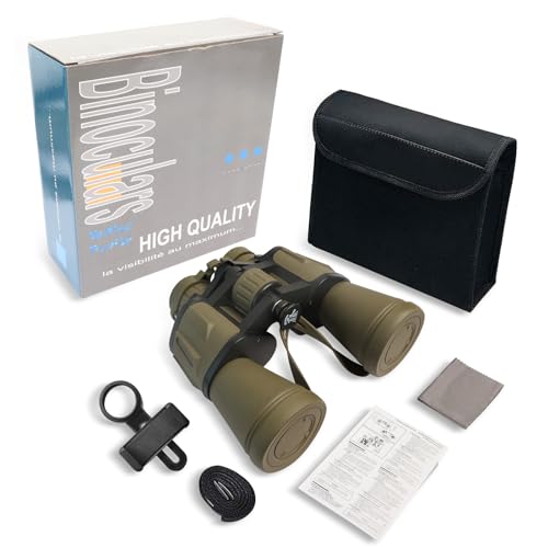20x50 Binoculars for Adults High Powered, Military Compact HD Waterproof Binoculars with Low Light Vision for Bird Watching Travel Hunting Football Games Stargazing with Carrying Case and Strap(Mud)