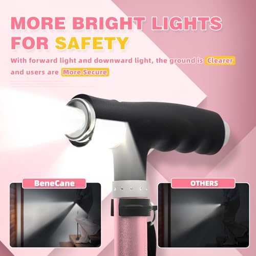 BeneCane Walking Cane for Women Folding Cane for Men with Two Led Lights Quad Cane with Stable Base Lightweight and Adjustable Walking Stick - color: Pink