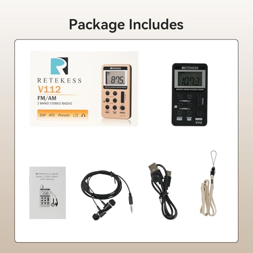 Retekess V112 AM FM Pocket Radio, Digital Radio with Earphone(Black) | for Walking, Jogging, Training,Rechargeable Battery, LCD Display - color: Black