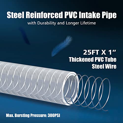 Green Expert 1" ID Inlet Hose Kit with End Valve and Threaded Adapter, 25-Foot Transparent PVC Pipe for Shallow Well Pumps Booster system Water Intake, All-in-One Easy Installation Pump Accessory - size: 25FT