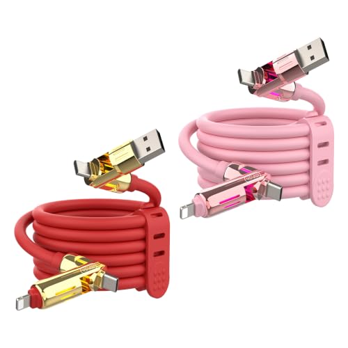 MFish 2-Pack 240W 4-in-1 Multi Charging Cable, Pink+Red, 6.6FT | Carrying Case, USB-A & USB-C to USB-C/Lightning, For iPhone 17/16/15/14, MacBook, iPad, Laptop, Samsung S25/S24 - color: Pink+Red, size: 2-Pack 6.6FT
