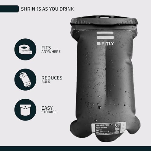 FITLY Soft Flask - Shrink As You Drink Soft Water Bottle for Hydration Pack - Folding Water Bottle Ideal for Running, Hiking, Cycling, Climbing & Rigorous Activity - color: Black, size: 60 Ounces