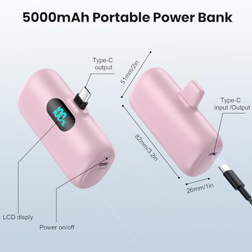 Mini Portable Charger USB C Power Bank,Upgraded 5000mAh PD Fast Charging Battery Pack Built-in USB-C Connector Travel Essential for iPhone17/17Pro/17Pro Max/Air/16 Plus/16Pro Max/15 Series,Android etc - color: Pink