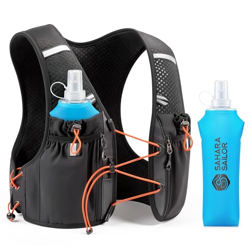 Sahara Sailor Running Vest for Women Men, 2PCS 500ml Soft Flasks, Adjustable Chest Waist Fit, Multi-Pockets, Lightweight Breathable Reflective Hydration Backpack for Running, Trail, Cycling, Hiking - size: L (42–50 in)