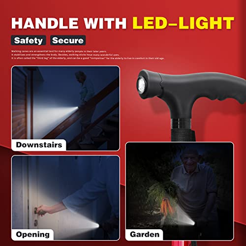 BigAlex Folding Walking Cane with LED Light,Pivoting Quad Base,Adjustable Walking Stick with Carrying Bag for Man/Woman (Alloy Base) - color: Red(30"-35")