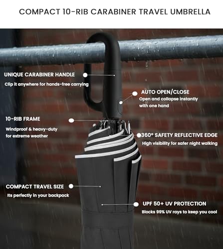 SIEPASA Travel Umbrella with Carabiner Handle - Windproof 10 Ribs Auto Open/Close for Rain & Sun Protection, Compact Portable Clip-on Backpack Design with Safety Reflective Strip. - color: Black