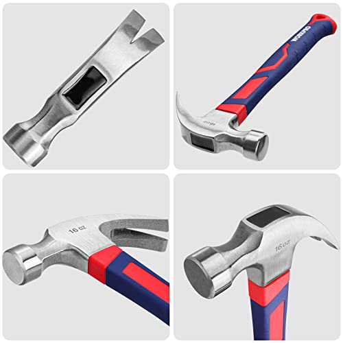 WORKPRO 16 oz Claw Hammer with Fiberglass Handle, All Purpose Hammer with Forged Hardened Steel Head (Pack of 2) - color: Blue and Red, size: 16 oz (Pack of 2)