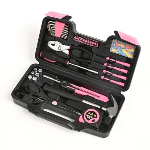 HANGYING 132-Piece Home Tool Kit for Women with Plastic Toolbox Pink | All Purpose Home Repair Tool Set with Storage Case, Women Small Tool Kit, Garage Office College Dorm & DIY Projects Use - color: Light Pink