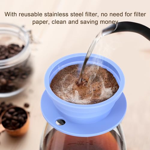 Collapsible Paperless Pour Over Coffee Dripper, Single Cup Travel Pour Over Coffee Maker Camping, Portable Silicone PourOver Coffee Filter with Reusable Metal Mesh Filter (Blue) - color: Blue