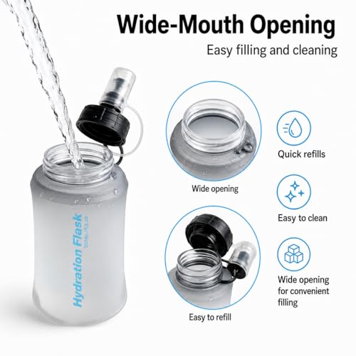 Soft Flask Collapsible Water Bottle, BPA-Free TPU Folding Hydration Flask with Dust Cover for Trail Running, Hiking & Cycling (8.5, Fluid Ounces)