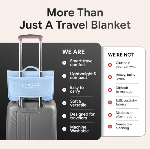 2-in-1 Travel Blanket and Pillow – Lightweight, Compact, Ultra Soft, Machine Washable – Handle, Luggage Sleeve, Backpack Clip – for Travel Airplane, Car, Office (Light blue) - color: Light Blue