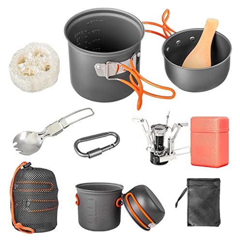 Camping Cookware Set, Portable Camping Mess Kit with Non-Stick Pots, Pans Set and Folding Fork, Lightweight Backpacking cookware Cooking Set for Outdoor/Camping/Hiking/Picnic - color: Orange