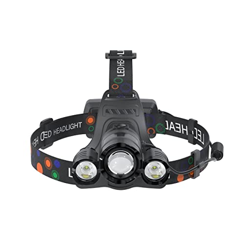 LED Headlamp Rechargeable, 6000 Lumens Super Bright Head Lamp, USB Rechargeable Headlight Flashlight with 3 LED Lights, 4 Modes, Zoomable, 90° Adjustable, Hiking, Hunting, Running, Fishing - color: Black
