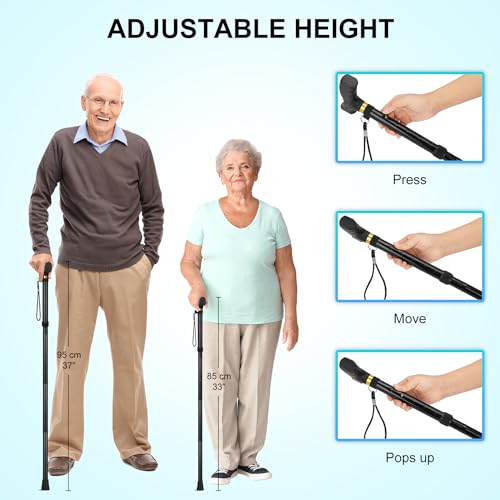 supregear Folding Cane, Lightweight 5-Level Adjustable Walking Stick with Wrist Strap and T-Handle, Portable Mobility Aid for Elderly and Disabled Men and Women - color: Black
