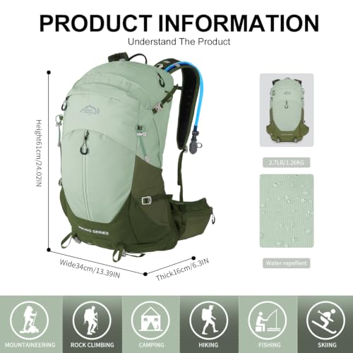 IX INOXTO Hiking Backpack, Camping Backpack, 30L Waterproof Hiking Daypack with 3L Water Bladder and Rain Cover (Green) - color: Green