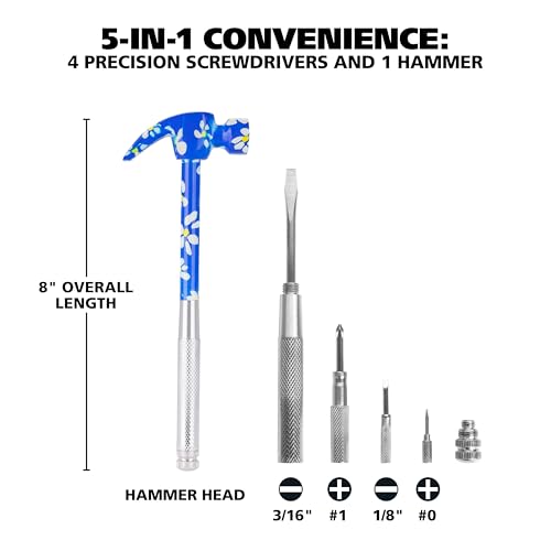 GreatNeck 5-in-1 Hammer, Built in Multitool Screwdriver, Chrome Plated | Includes Four Screwdrivers and One Hammer, Rust Resistant, Great for Household Projects, Lightweight and Easy to Use - color: Blue Floral