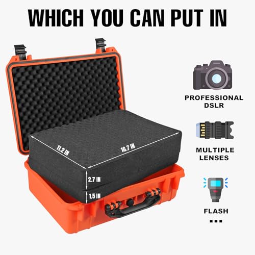 Jack Boss Waterproof Hard Camera Case with Pre-cut Foam,Orange | Portable Protective Hard Shell Case With Updated Plastic Material,Fit Drones,Camera,Equipments,18x13.6x6.8 Inch - color: ORANGE