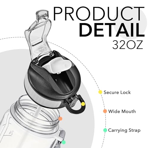 Hyeta Water Bottle with Straw & Time Marker, Plastic 32oz Leakproof - color: transparent