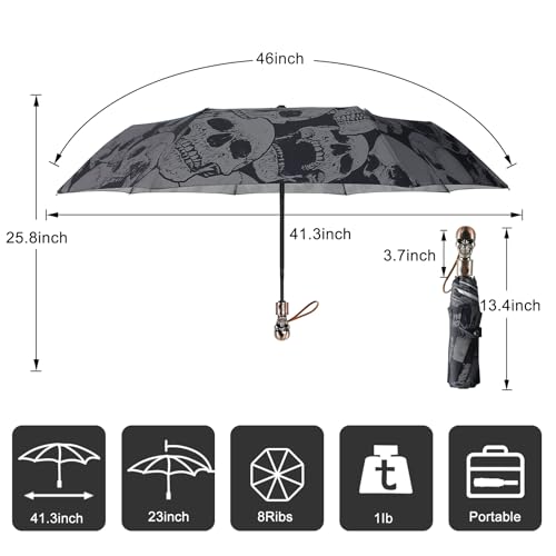 Skull Handle Windproof Travel Umbrella Compact Portable, Auto Open Close | Luxury Gothic Skull Grip with One-Touch Automatic Open, Wind Resistant and Sturdy for Rain, Lightweight to Carry Daily - color: 03.Gothic