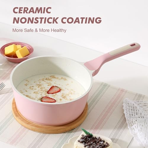 SENSARTE Ceramic Nonstick Saucepan with Lid 1.5 QT, PTFE/PFAS Free, Pink | Small Kitchen Cooking Pot with Stay Cool Handle, Induction Compatible, Ceramic Coating - color: Sakura Pink, size: 1.5 Quarts