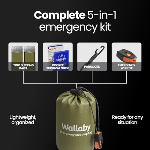 Wallaby 2-Pack Emergency Mylar Sleeping Bags with Nylon Pouches, Whistle Pull & Paracord with Carabiners, Free Survival Guide – Hiking, Survival - color: Green