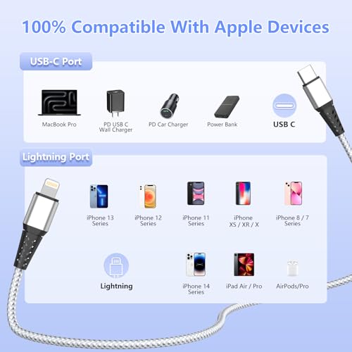 16FT Extra Long USB C to Lightning Charger Cable for iPhone,Apple MFi Certified Charger Cord, Nylon Braided Sync Data Charge Cord for iPhone 14 Pro Max/14/13Pro/12/11/X/XS/XR/iPad-Silver - color: Grey
