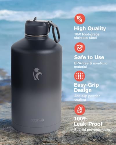 Coolflask 128 oz Gallon Water Bottle Insulated with Straw & 3 Leakproof Lid | Large Water Jug Stainless Steel Triple-Wall, Cold 48+h/Hot 24+h, Dishwasher Safe, BPA-Free, for Outdoor Gym & Hiking - color: Piano Night, size: 128 Ounces