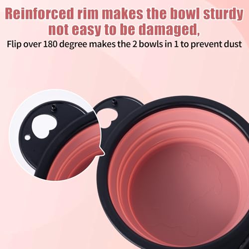 SLSON Collapsible Dog Dual Bowls Reinforced Rim 180 Degrees Flip Over Bowl - color: Light Pink