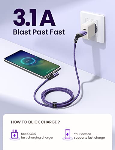 AINOPE USB C Charger Cable, 3.1A Type C Charger Cable Fast Charging, [2 Pack, 2M] Right Angle USB c Fast Charger Cable Compatible with Samsung Charger Type c, Huawei, Google Pixel, Sony Xperia, LG - color: Purple, size: 6.6FT+6.6FT