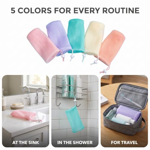 6Pcs Random Color Exfoliating Mesh Soap Pouch Bubble Foam Net Bag for Body Facial Cleaning Tool,for Shower Saver Pouch Drawstring Foaming Net Soap Bag Used Repeatedly Easy to Store Cleansers