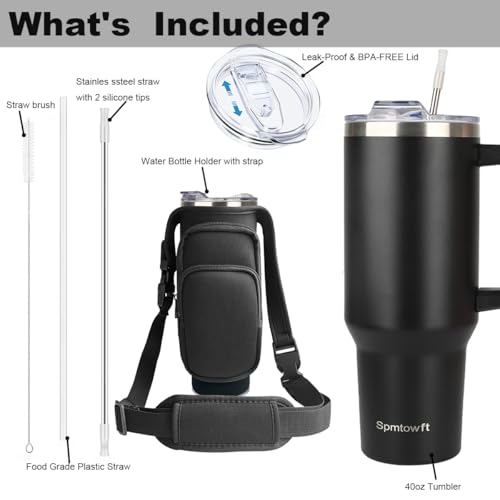 40oz Travel Tumbler with Handle and Straw, Water Bottle with Carrier Bag - color: Black Leopard Print