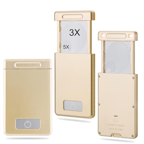 BIGMONAT 3 Pack Magnifying Glass with Light, 3X 5X Pocket Light Magnifier, LED Battery Powered Portable for Reading, Pocket Wallet Purse Magnifiers - color: Gold