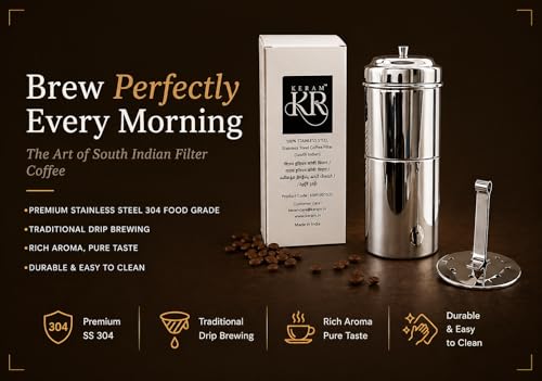 South indian filter coffee maker indian style 5.1 oz (150 ml) | KERAM indian coffee filter 304 stainless steel coffee dripper reusable phin filter decoction maker pour over alternative - size: 150 ml