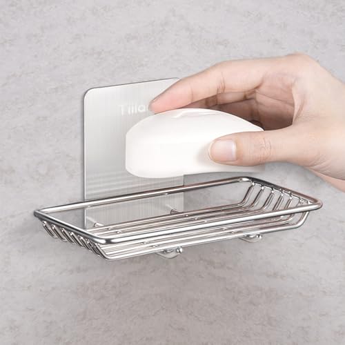 Self Adhesive Bar Soap Dish for Shower, Bathroom Soap Holder Wall Mount – Stainless Steel, Silver - color: Silver