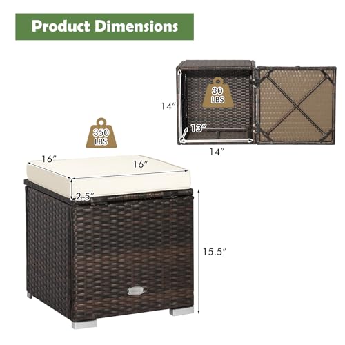 HAPPYGRILL 2 Pieces Patio Ottoman Set Outdoor Wicker Stool with Storage, Rattan Footrest Ottoman with Solid Metal Frame and Cushion for Backyard Poolside Garden Balcony - color: Off White