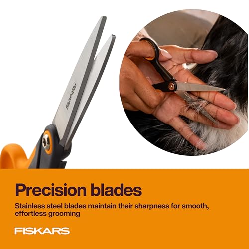 Fiskars Pet Grooming Trimming Scissors for Dogs & Cats, 6.75", Orange/Black | Trimming Scissors with Precision Stainless Steel Blades & SoftGrip Handle, Cat and Dog Supplies - style: Trimming Scissors