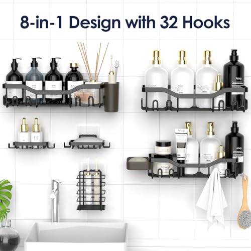 NESOMI Shower Caddy Adhesive Shower Organizer 8-Pack, Rustproof Stainless Steel Bathroom Shelves, Large Capacity No-Drill Rack Storage Accessories with Soap Dish Toothbrush Holder Hooks - color: Black, size: 8-Piece Set