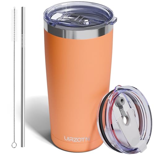20oz Travel Coffee Tumbler, Insulated Travel Mug, Orange | Includes 2 Lids & Straw, Stainless Steel, Vacuum Insulated, Fits Car Cup Holders, Hot & Cold Drinks, Reusable Cup - color: Orange