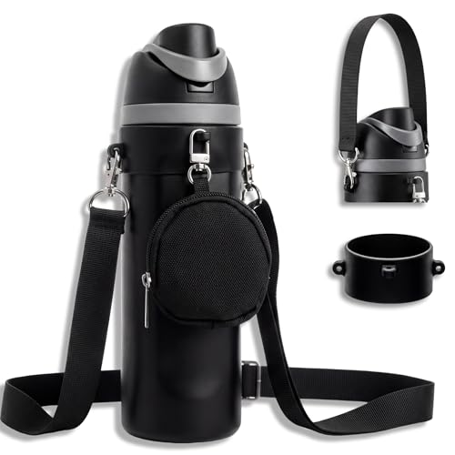 Black Water Bottle Holder Carrier Strap Set Compatible with Owala Free Sip 16oz 24oz 32oz 40oz Sway Tumbler Crossbody Sling Accessories Adjustable Silicone Ring Pouch - color: Black