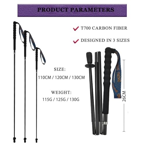 OKHEALING Ultralight Trekking Poles, Foldable, Set of 2, Ultralight Carbon Fiber, Trail Poles with Moisture Wicking Handle, with Storage Bag - size: 130cm