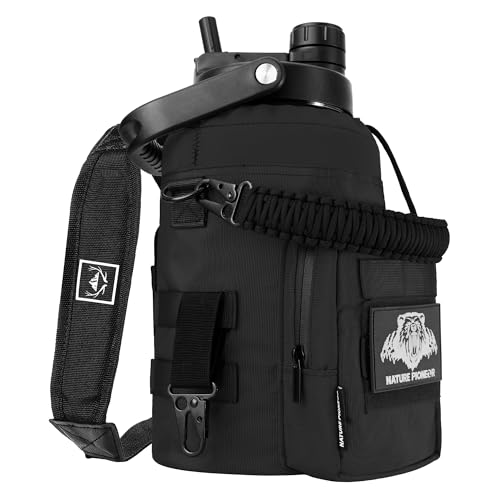 NATURE PIONEOR 128oz/1 Gallon Tactical Water Bottle with MOLLE Bottle Pouch | 18/8 Food-grade Stainless Steel, Double Vacuum Insulation, Wide-Mouth, Straw & Spout Lid, Strap, Camping, Hiking, Gym, Work - color: Black, size: 128 Ounces