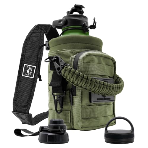 NATURE PIONEOR 64 oz Tactical Water Bottle with MOLLE Bottle Pouch & 3 Lids | 18/8 Food-grade Stainless Steel, Double Vacuum Insulation, 3 Leak-proof Lids, Handle, Strap, Camping, Hiking, Gym, Work - color: Green Black, size: 64 Ounces