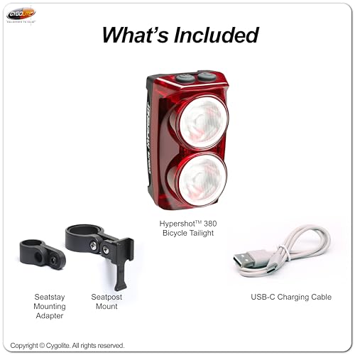 Cygolite Hypershot 350 Lumen Bike Tail Light– 7 Night & Daytime Modes–User Adjustable Flash Speeds- Compact & Durable–IP64 Water Resistant–Saddle Rail Mount Version–USB Rechargeable - style: 350 Lumens, Standard Seatpost Mount