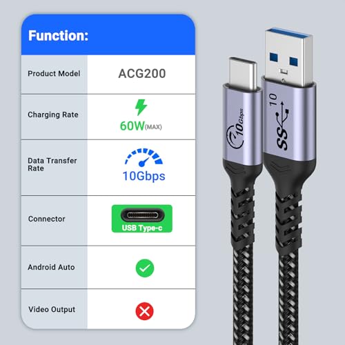 Long Android Auto USB C Cable, 6.6ft, 2 Packs, 3A Fast Charging | 10Gbps Data Transfer, USB A to USB C Cord, Compatible with Car Play, Car Charger, iPhone 16/15, Samsung Galaxy - color: Grey, size: 6.6 ft