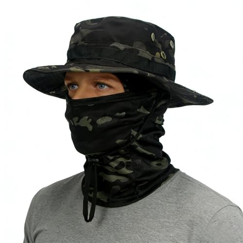 2PCS Camo Boonie Hat Balaclava Face Mask Wide Brim Sun Hat for Hunting Hiking Bucket Cap with Adjustable Strap - color: Black
